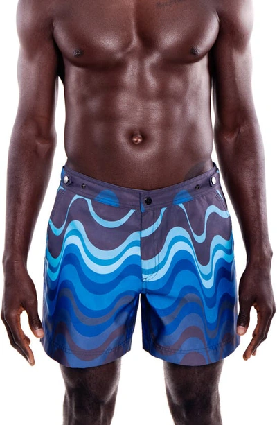 Shop Prince And Bond Elvio Tailored Wave Print Hybrid Swim Trunks In Multicolor