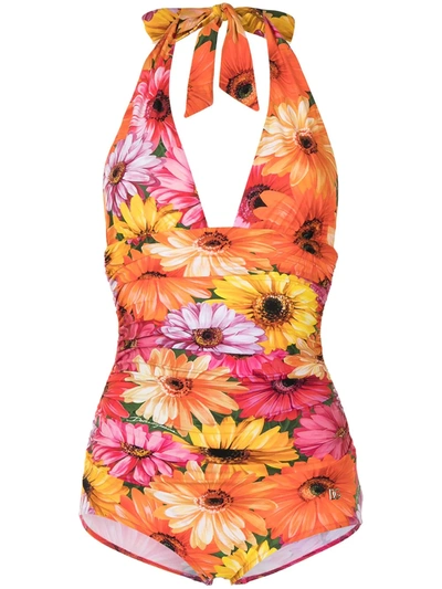 Shop Dolce & Gabbana Floral-print Halterneck Swimsuit In Mehrfarbig
