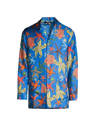 Shop Versace Men's Tresor De La Mer Silk Pajama Shirt In Bluette Multi