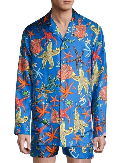 Shop Versace Men's Tresor De La Mer Silk Pajama Shirt In Bluette Multi
