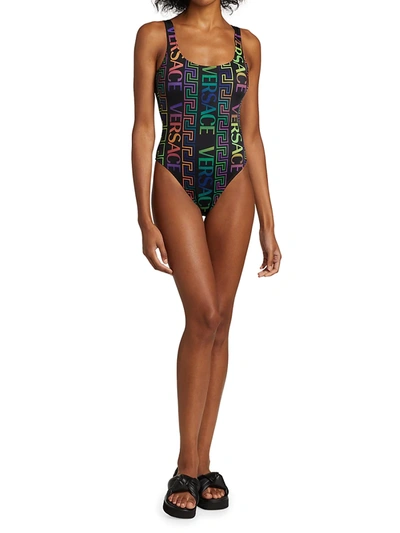 Shop Versace Greca Neon Print One-piece Swimsuit In Black Multicolor