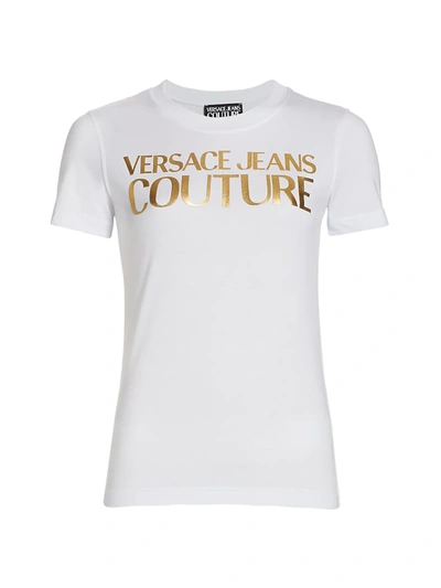Shop Versace Women's Metallic Logo T-shirt In Bianco Gold