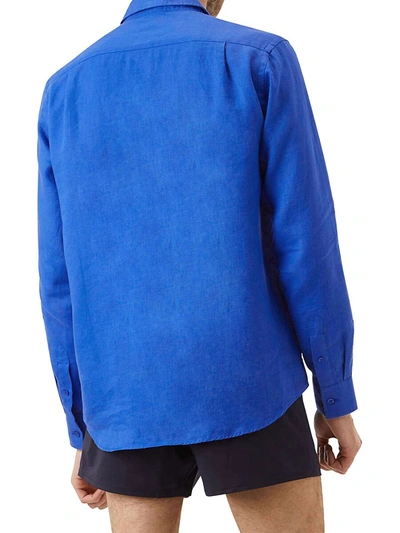 Shop Vilebrequin Men's Caroubis Linen Button-down Shirt In Bleu De Mer