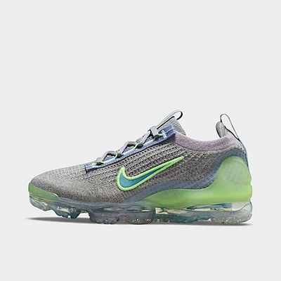 Shop Nike Big Kids' Air Vapormax 2021 Flyknit Running Shoes In Particle Grey/light Armoury Blue/light Liquid Lime/cerulean