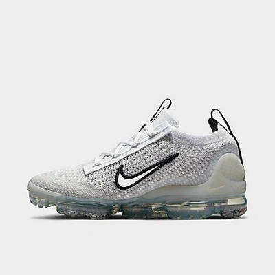Shop Nike Big Kids' Air Vapormax 2021 Flyknit Running Shoes In White/black/metallic Silver/white