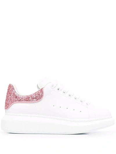 Shop Alexander Mcqueen Woman White Oversize Sneakers With Pink Glitter Spoiler In White/pastel Pink