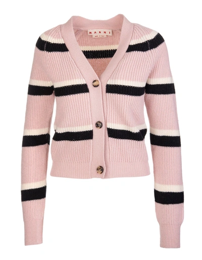 Shop Marni Woman Pink Wool Cardigan With White And Black Stripes