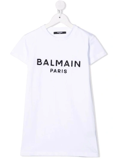 Shop Balmain White Kids Short Dress With Black Sequins Logo In White/black
