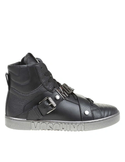 Shop Moschino High Sneakers In Black Calfskin In Fantasy