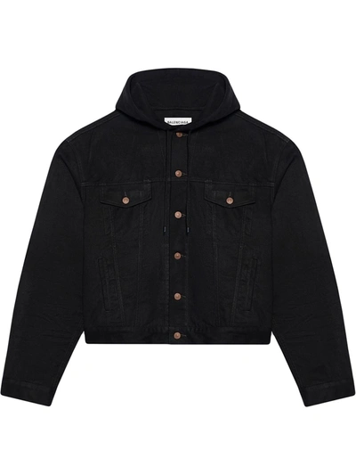 Shop Balenciaga Hooded Denim Button-front Jacket In Schwarz