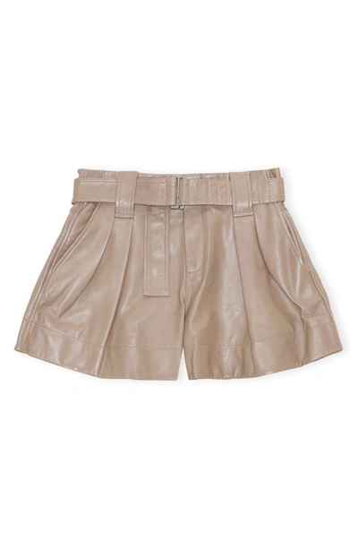 Shop Ganni Leather Shorts In Fossil