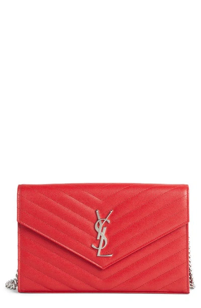 Shop Saint Laurent Monogramme Calfskin Leather Wallet On A Chain In Rouge Eros
