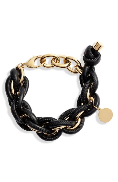 Shop Knotty Leather Wrap Chain Bracelet In Rose Gold/ Black