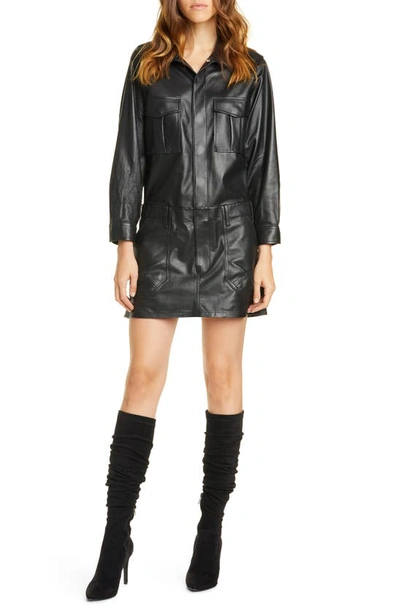 Shop Frame Leather Cargo Long Sleeve Minidress In Noir