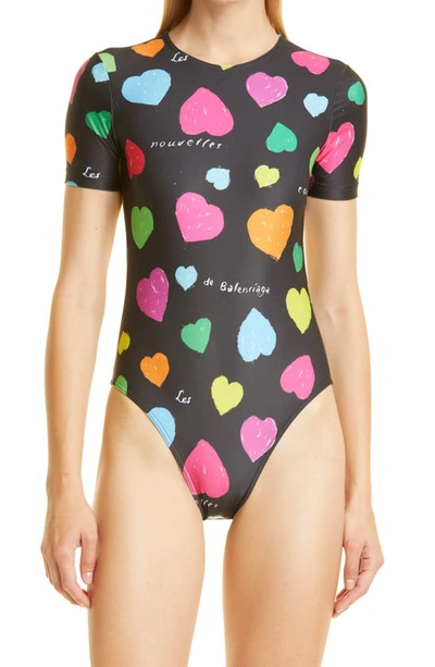 Shop Balenciaga Archive Heart Print Open Back One-piece Swimsuit In Rainbow