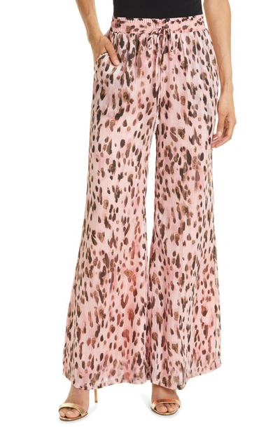Shop Milly Metallic Leopard Chiffon Track Pants In Pink Multi