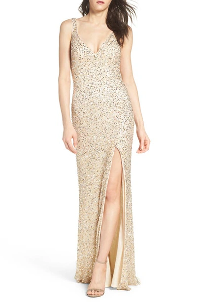 Shop Mac Duggal Sequin Slit Gown In Gold Multi