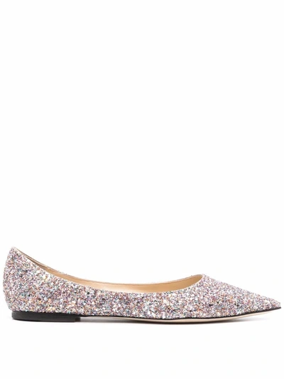 Shop Jimmy Choo Love Glitter-detail Pointed-toe Ballerina Flats In 粉色