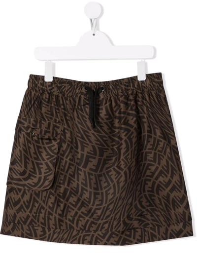 Shop Fendi Monogram-print Drawstring Skirt In Brown