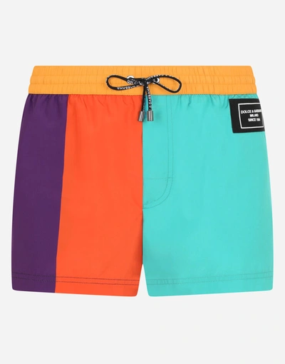 Shop Dolce & Gabbana Short Nylon Patchwork Swim Trunks With Patch In Multicolor