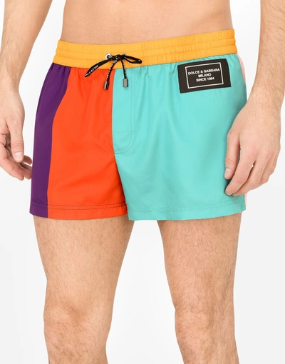 Shop Dolce & Gabbana Short Nylon Patchwork Swim Trunks With Patch In Multicolor