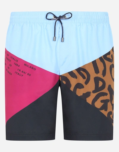 Shop Dolce & Gabbana Mid-length Nylon Patchwork Swim Trunks With Print In Multicolor