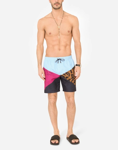 Shop Dolce & Gabbana Mid-length Nylon Patchwork Swim Trunks With Print In Multicolor