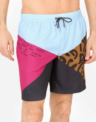 Shop Dolce & Gabbana Mid-length Nylon Patchwork Swim Trunks With Print In Multicolor