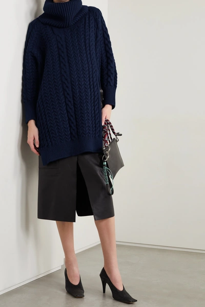 Shop Stella Mccartney + Net Sustain Oversized Asymmetric Cable-knit Organic Cotton-blend Turtleneck Cape In Blue