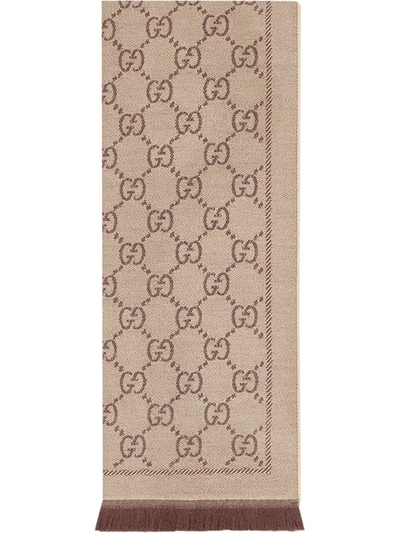 Shop Gucci Beige Gg Jacquard Knit Scarf In Brown