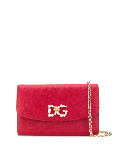 Shop Dolce & Gabbana Cardinal Red Embellished Logo Clutch Bag