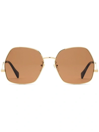 Shop Gucci Gold Geometric-frame Sunglasses