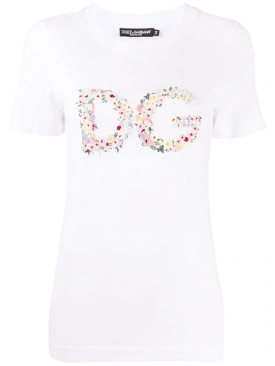 Shop Dolce & Gabbana White Floral-logo Short-sleeve T-shirt