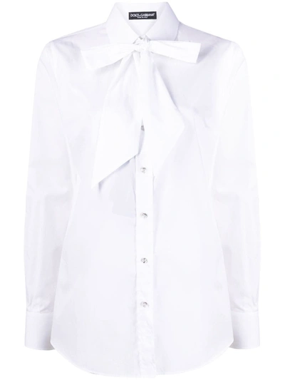 Shop Dolce & Gabbana White Pussybow Collar Cotton Shirt