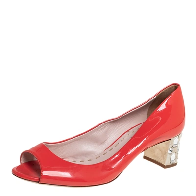 Pre-owned Miu Miu Orange Patent Leather Crystal Embellished Block Heel Peep Toe Pumps Size 38.5