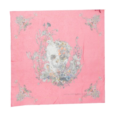 Pre-owned Alexander Mcqueen Coral Pink Floral Skull Print Silk Scarf