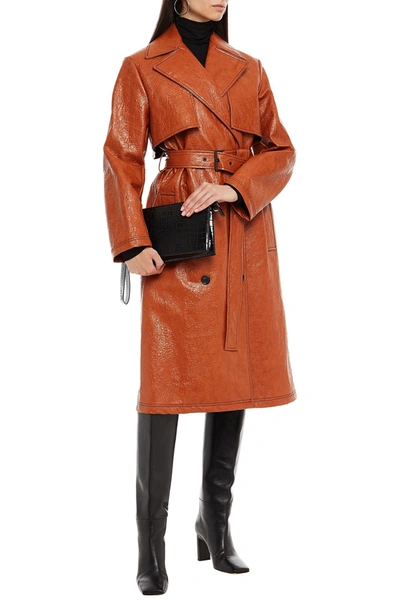 Shop Msgm Double-breasted Belted Faux Leather Trench Coat In Tan