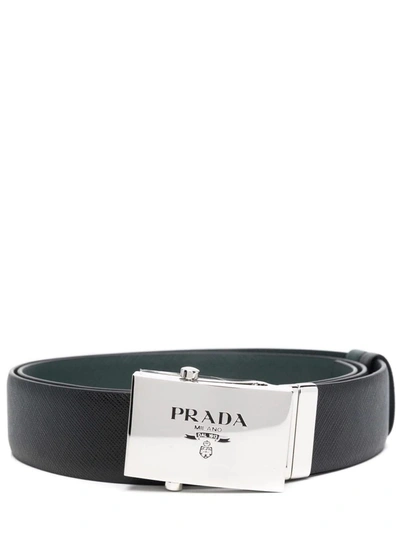 Shop Prada Black And Green Saffiano Leather Reversible Belt In Nero