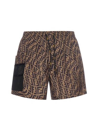 Shop Fendi Ff Vertigo Swim Shorts In Brown