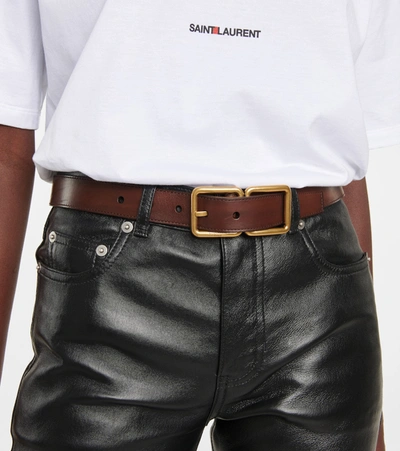 Shop Saint Laurent Double Buckle Leather Belt In Brown