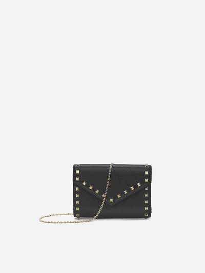 Shop Valentino Rockstud Leather Wallet With Chain In Black