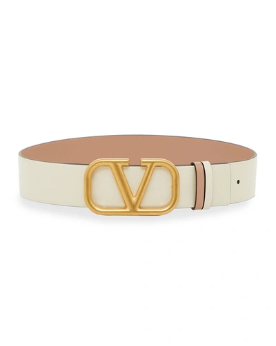 Shop Valentino Vlogo Reversible Box Leather Belt In Ivory/pink