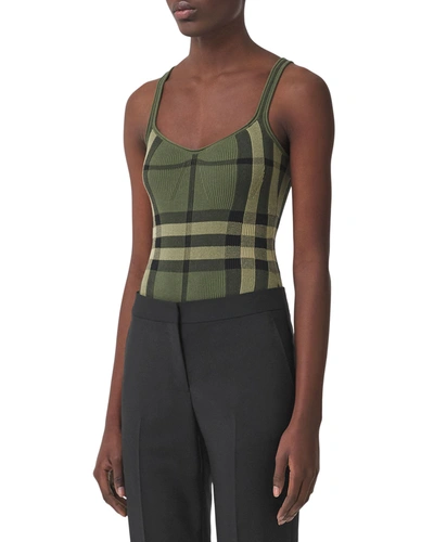 Shop Burberry Keila Check Ribbed Bodysuit In Military Green