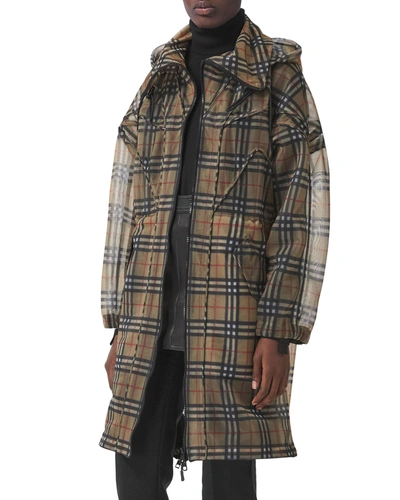 Shop Burberry Cowbit Check-print Hooded Parka In Archive Beige Ip