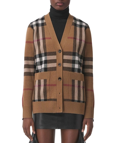 Shop Burberry Willah Check Oversized Cardigan In Birch Brown