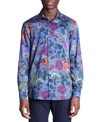 Shop Etro Men's Floral-print Cotton Long-sleeve Shirt In Navy