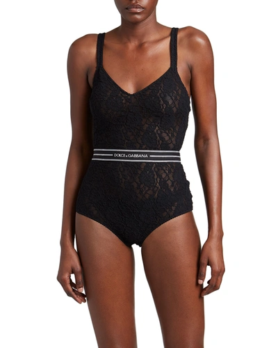 Shop Dolce & Gabbana Logo-band Stretch Lace Bodysuit In Nero