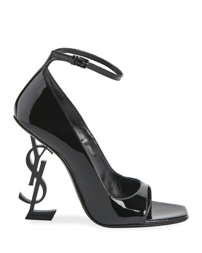 Shop Saint Laurent Opyum Patent Ysl Logo-heel Sandals In Nero