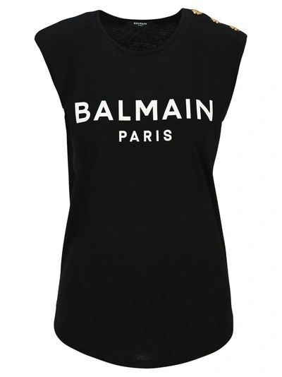 Shop Balmain Logo Printed Crewneck Tank Top In Black