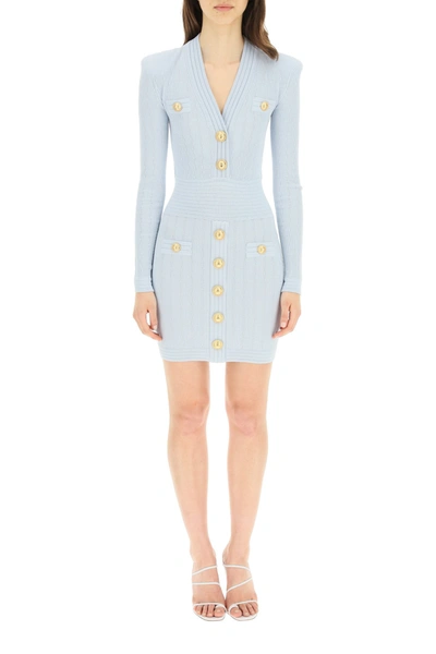 Balmain Short Light Blue Knit Dress With Gold-tone Buttons | ModeSens